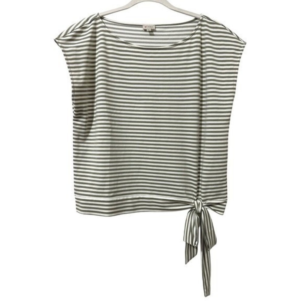 Cremieux Womens Large Olive Green White Striped Side‎ Tie Boat Neck Top RN58909 - Picture 2 of 7